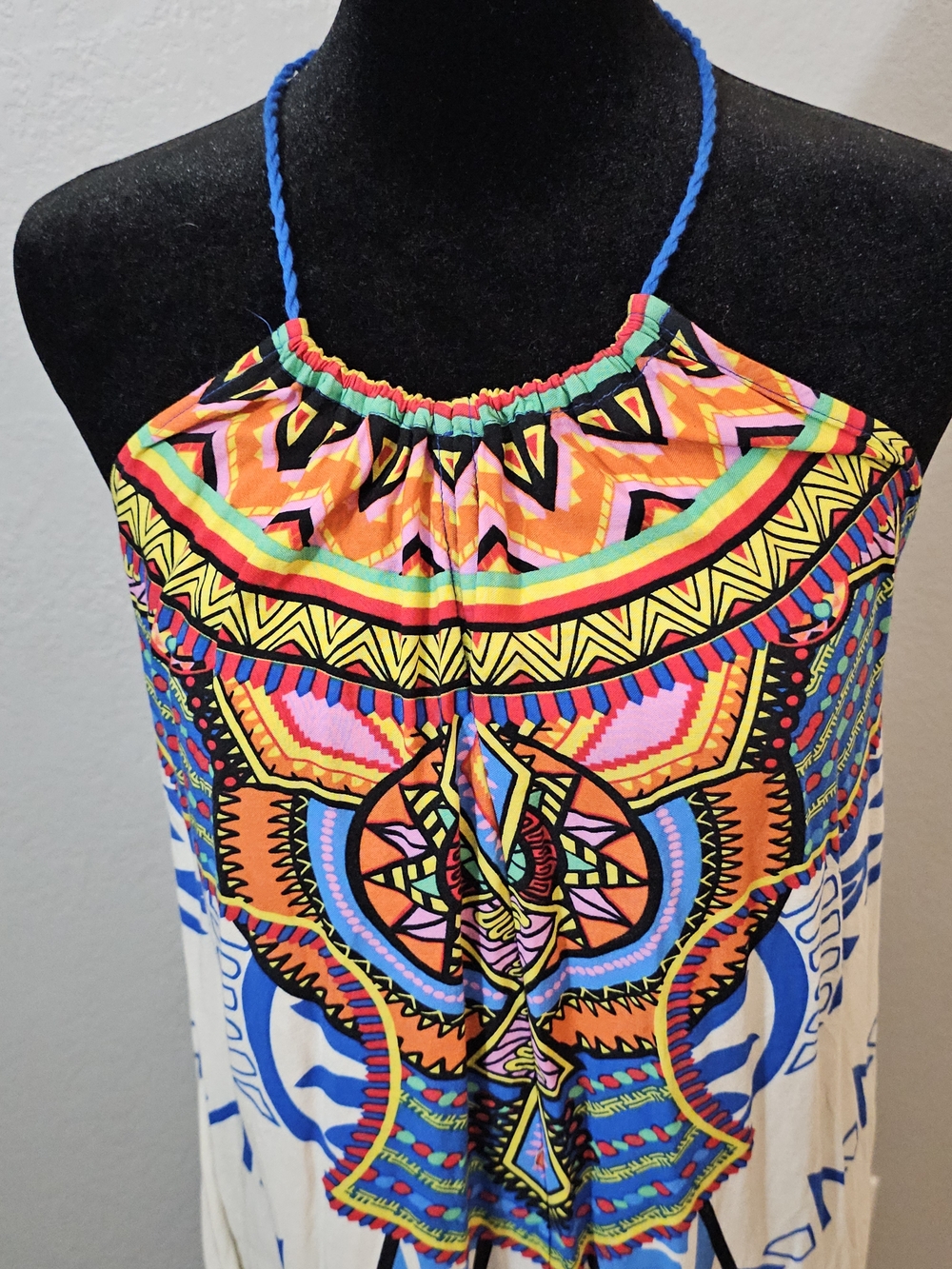 Flying Tomato White Maxi Dress with Multicolor Tribal Print Womens Large Halter - Picture 2 of 9